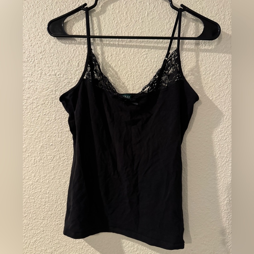 Lauren Ralph Lauren Black Lace-Trim Spaghetti Strap Tank Top